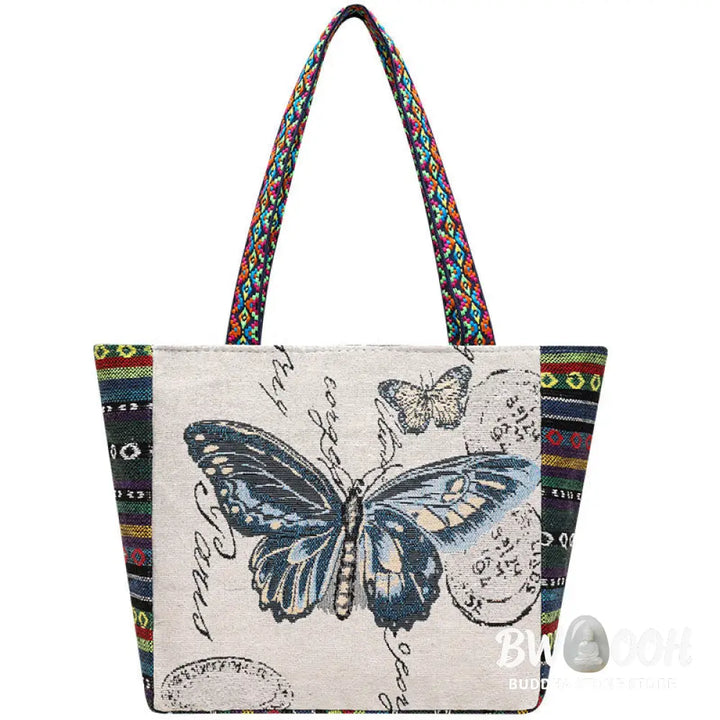 Buddha Stones Elephant Butterfly Embroidered Large Capacity Canvas Tote Bag Shoulder Bag - Bag