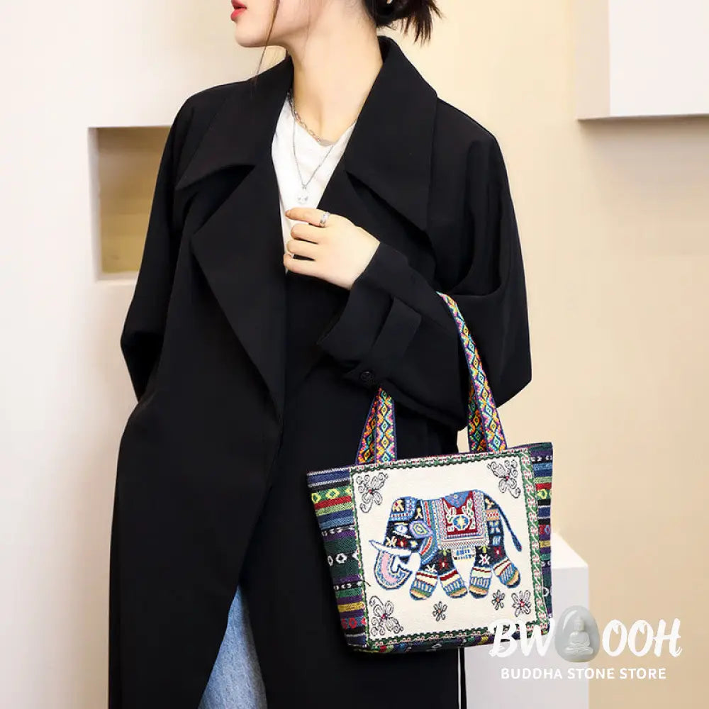 Buddha Stones Elephant Butterfly Embroidered Large Capacity Canvas Tote Bag Shoulder Bag - Bag