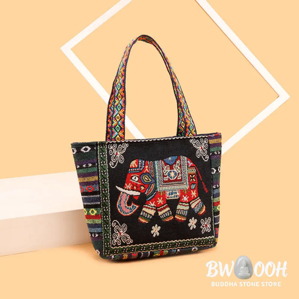 Buddha Stones Elephant Butterfly Embroidered Large Capacity Canvas Tote Bag Shoulder Bag - Bag