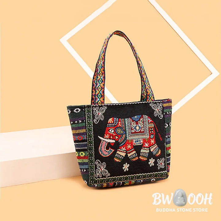 Buddha Stones Elephant Butterfly Embroidered Large Capacity Canvas Tote Bag Shoulder Bag - Bag