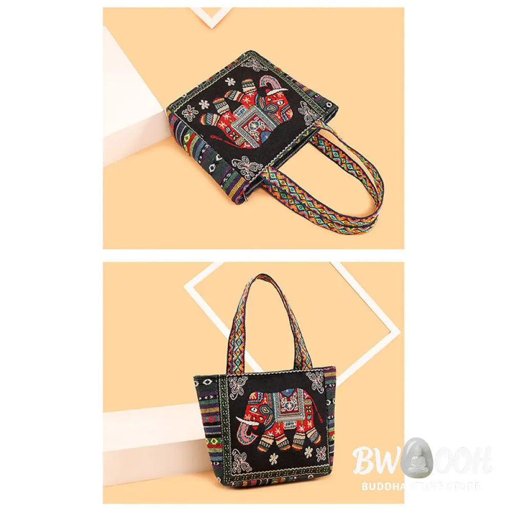 Buddha Stones Elephant Butterfly Embroidered Large Capacity Canvas Tote Bag Shoulder Bag - Bag