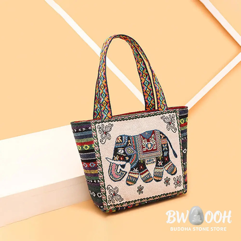 Buddha Stones Elephant Butterfly Embroidered Large Capacity Canvas Tote Bag Shoulder Bag - Bag
