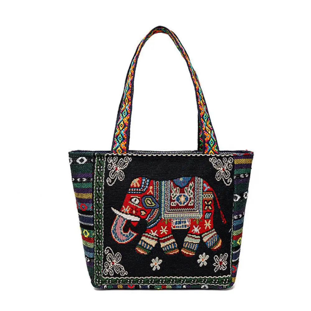 Buddha Stones Elephant Butterfly Embroidered Large Capacity Canvas Tote Bag Shoulder Bag - Black Elephant - Bag