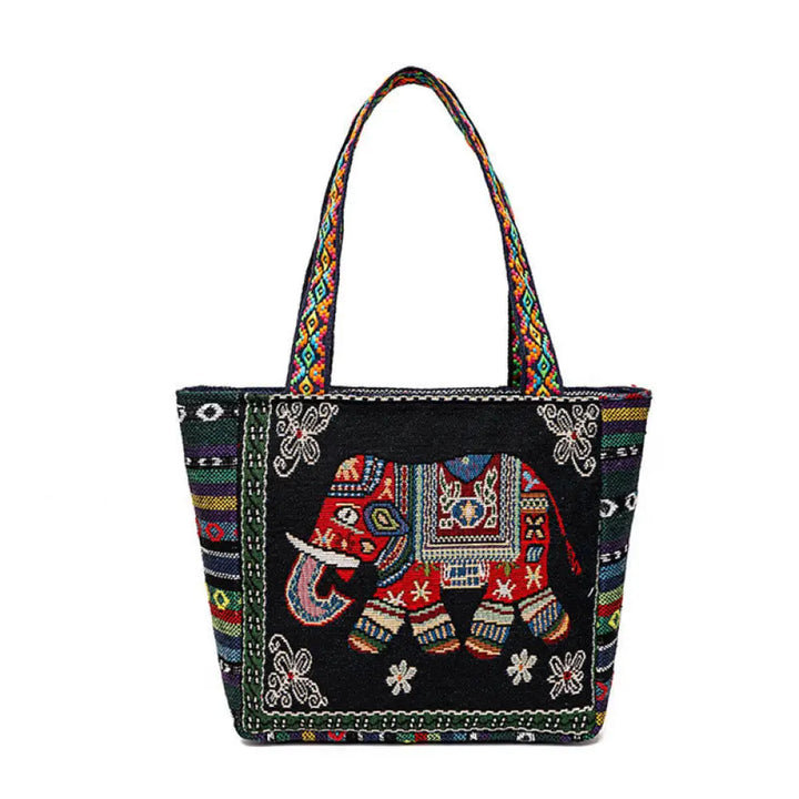 Buddha Stones Elephant Butterfly Embroidered Large Capacity Canvas Tote Bag Shoulder Bag - Black Elephant - Bag