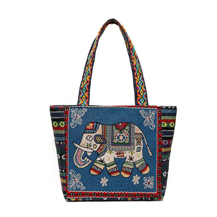 Buddha Stones Elephant Butterfly Embroidered Large Capacity Canvas Tote Bag Shoulder Bag - Blue Elephant - Bag