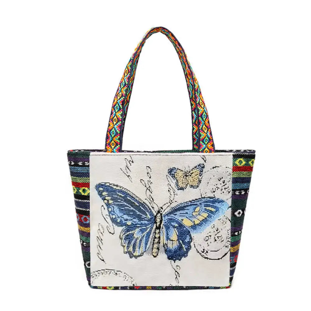 Buddha Stones Elephant Butterfly Embroidered Large Capacity Canvas Tote Bag Shoulder Bag - Blue Butterfly - Bag