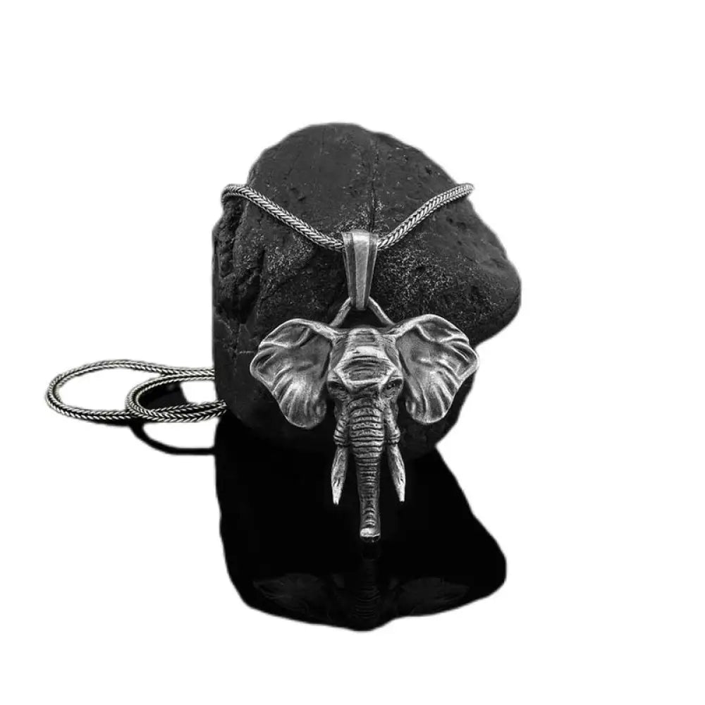 Buddha Stones Elephant Pewter Titanium Steel Strength Necklace Pendant - BWOOOH - Silver&amp;Black - Necklaces &amp; Pendants