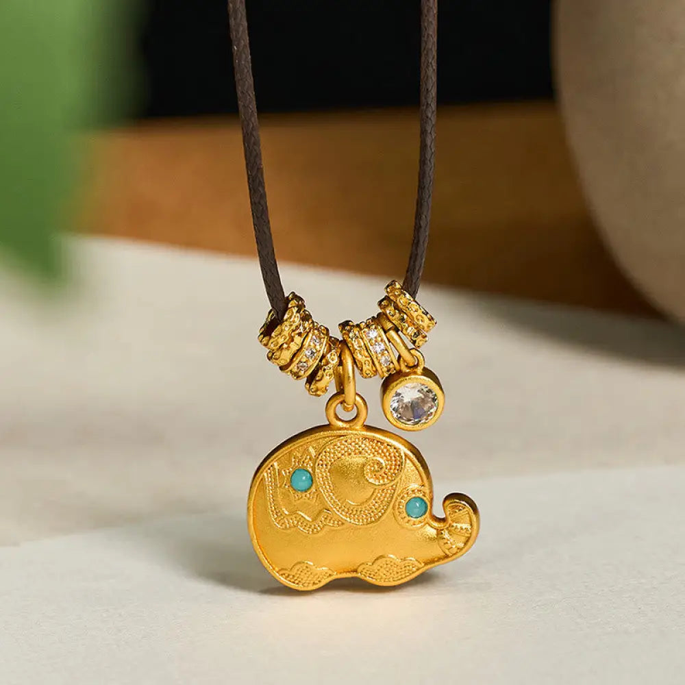 Buddha Stones Elephant Symbol 24k Gold Plated Brass Strength Rope Necklace Pendant - BWOOOH - Elephant - Necklaces &