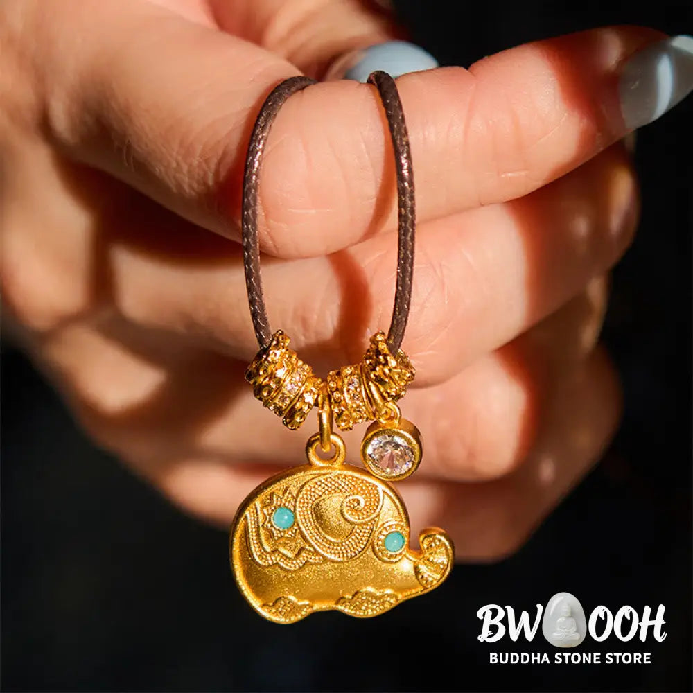 Buddha Stones Elephant Symbol 24k Gold Plated Brass Strength Rope Necklace Pendant - BWOOOH - Elephant - Necklaces &amp;