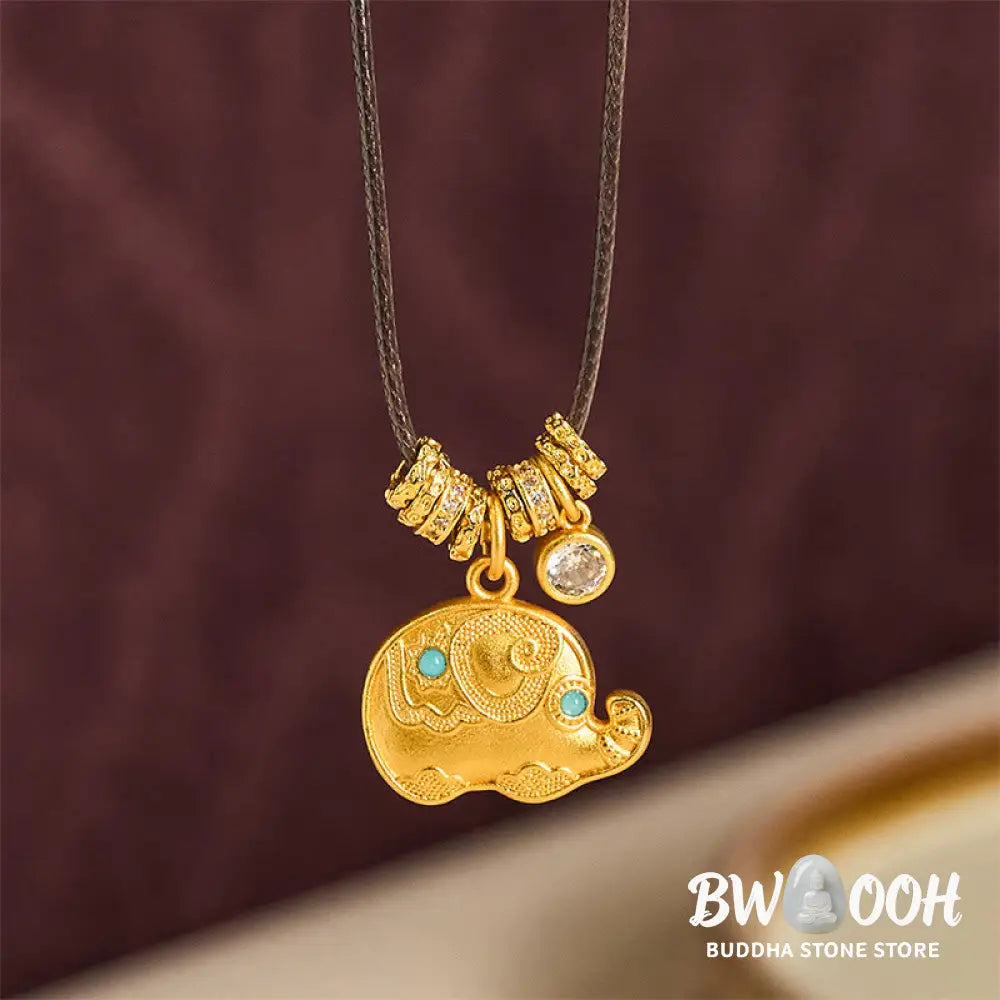 Buddha Stones Elephant Symbol 24k Gold Plated Brass Strength Rope Necklace Pendant - BWOOOH - Elephant - Necklaces &amp;
