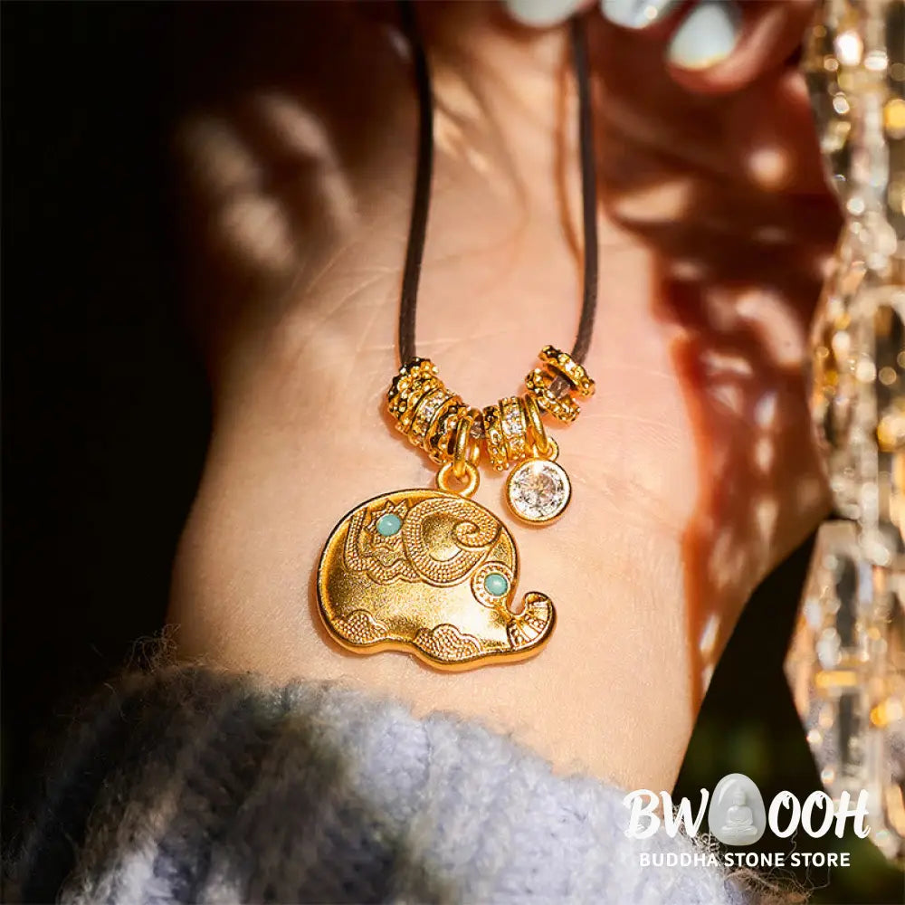 Buddha Stones Elephant Symbol 24k Gold Plated Brass Strength Rope Necklace Pendant - BWOOOH - Elephant - Necklaces &amp;