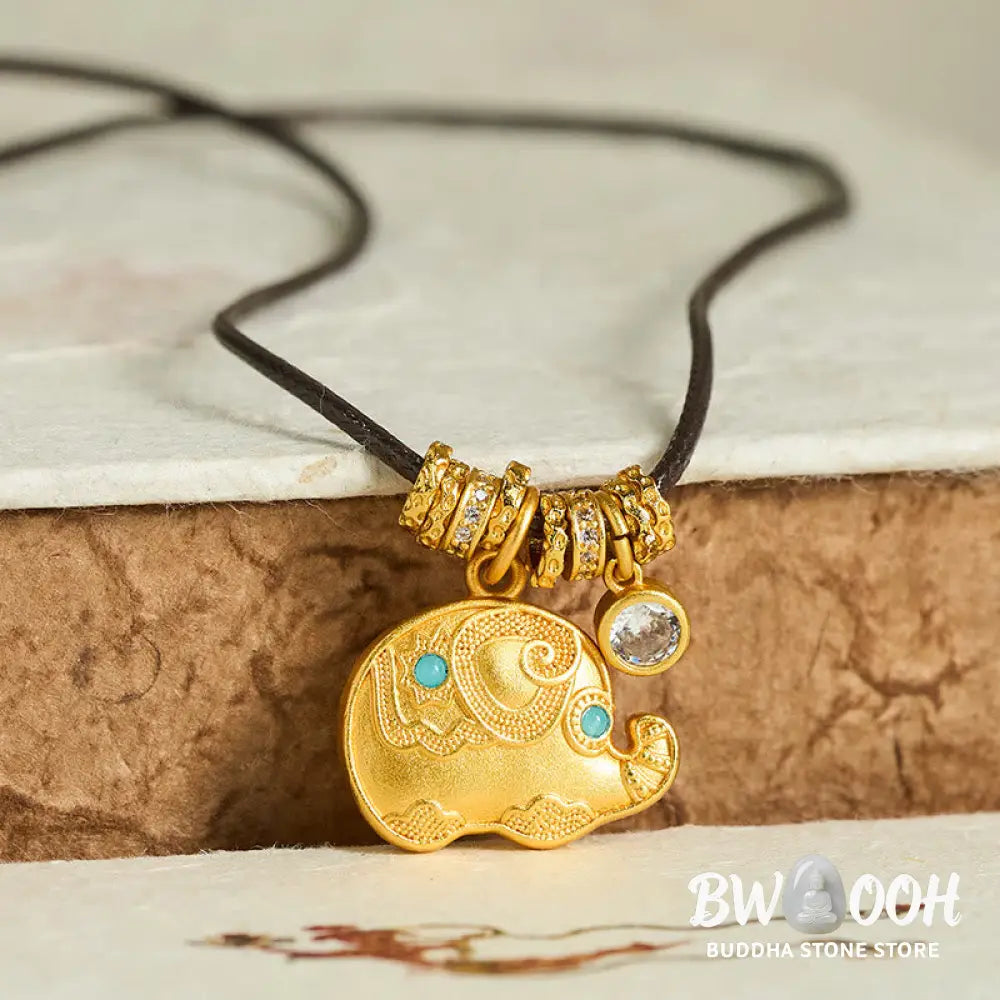 Buddha Stones Elephant Symbol 24k Gold Plated Brass Strength Rope Necklace Pendant - BWOOOH - Elephant - Necklaces &amp;