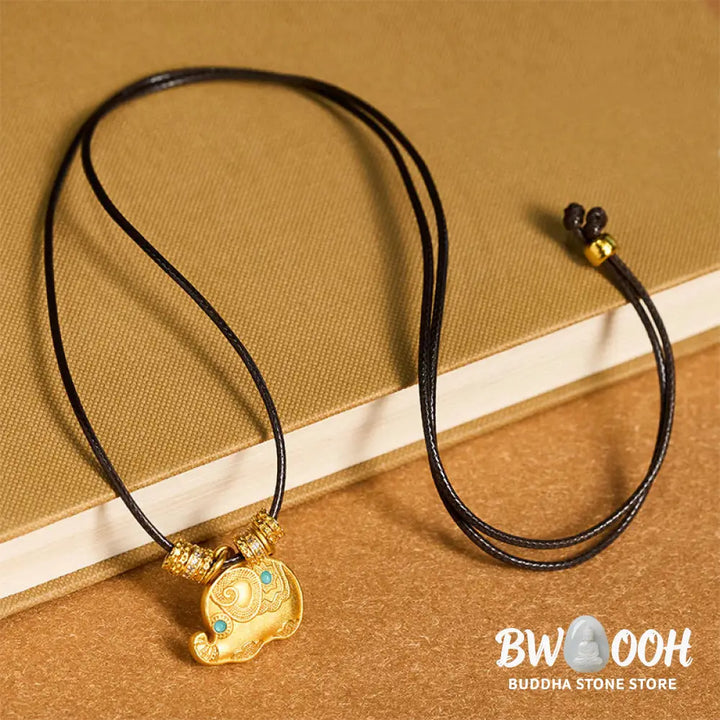 Buddha Stones Elephant Symbol 24k Gold Plated Brass Strength Rope Necklace Pendant - BWOOOH - Elephant - Necklaces &amp;
