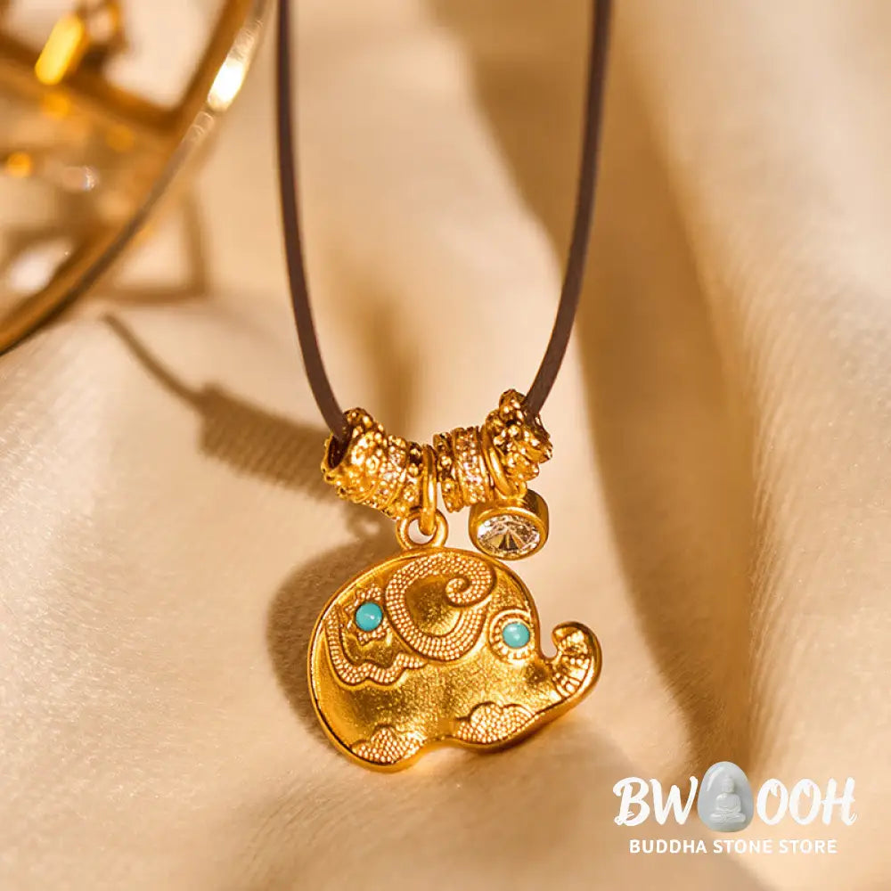 Buddha Stones Elephant Symbol 24k Gold Plated Brass Strength Rope Necklace Pendant - BWOOOH - Elephant - Necklaces &amp;