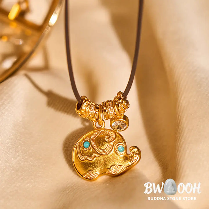 Buddha Stones Elephant Symbol 24k Gold Plated Brass Strength Rope Necklace Pendant - BWOOOH - Elephant - Necklaces &amp;