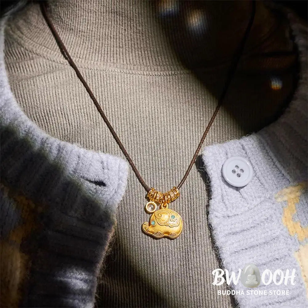 Buddha Stones Elephant Symbol 24k Gold Plated Brass Strength Rope Necklace Pendant - BWOOOH - Elephant - Necklaces &amp;