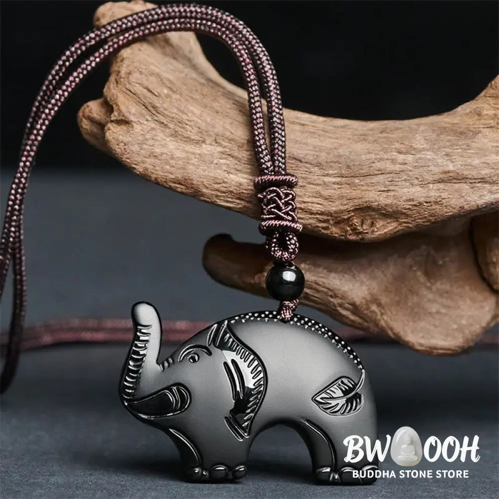 Buddha Stones Elephant Symbol Carved Design Black Obsidian Strength Necklace Pendant - BWOOOH - Black Obsidian(Pendant