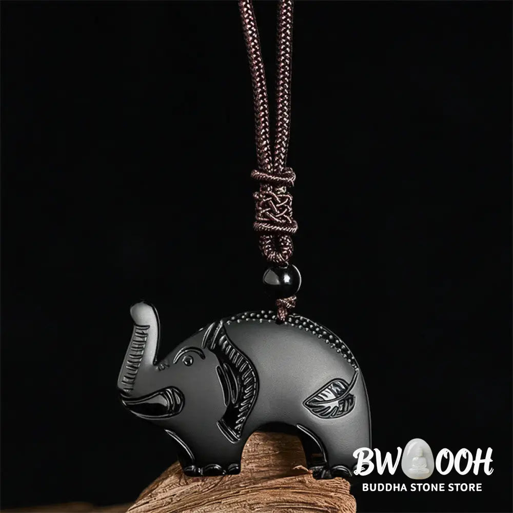 Buddha Stones Elephant Symbol Carved Design Black Obsidian Strength Necklace Pendant - BWOOOH - Black Obsidian(Pendant