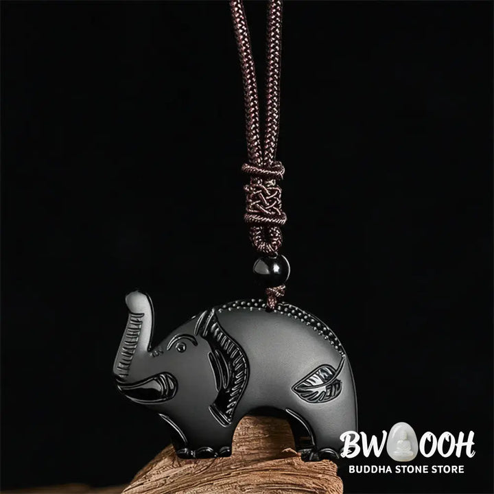 Buddha Stones Elephant Symbol Carved Design Black Obsidian Strength Necklace Pendant - BWOOOH - Black Obsidian(Pendant