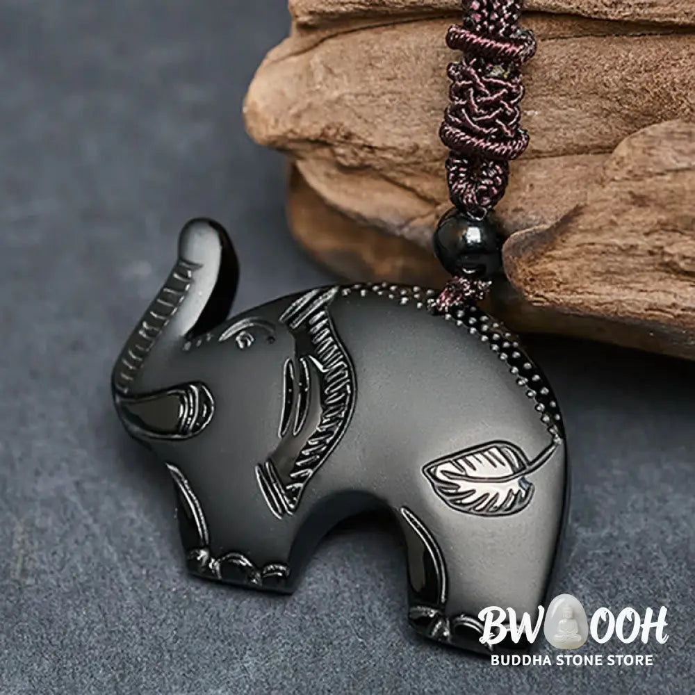 Buddha Stones Elephant Symbol Carved Design Black Obsidian Strength Necklace Pendant - BWOOOH - Black Obsidian(Pendant