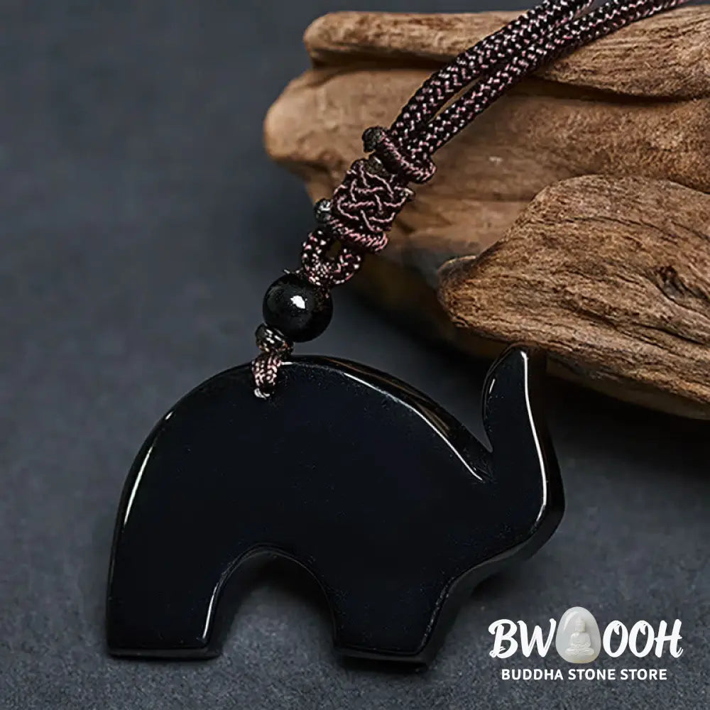 Buddha Stones Elephant Symbol Carved Design Black Obsidian Strength Necklace Pendant - BWOOOH - Black Obsidian(Pendant