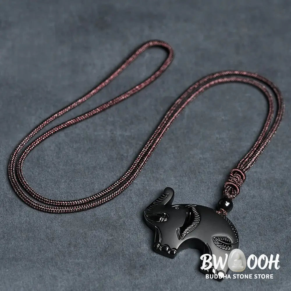 Buddha Stones Elephant Symbol Carved Design Black Obsidian Strength Necklace Pendant - BWOOOH - Black Obsidian(Pendant