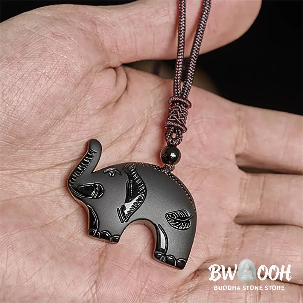 Buddha Stones Elephant Symbol Carved Design Black Obsidian Strength Necklace Pendant - BWOOOH - Black Obsidian(Pendant