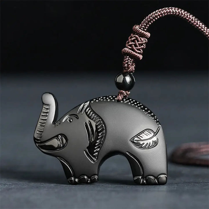 Buddha Stones Elephant Symbol Carved Design Black Obsidian Strength Necklace Pendant - BWOOOH - Black Obsidian(Pendant
