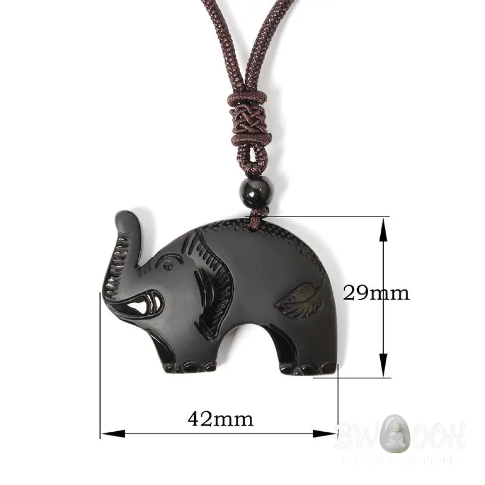 Buddha Stones Elephant Symbol Carved Design Black Obsidian Strength Necklace Pendant - BWOOOH - Black Obsidian(Pendant