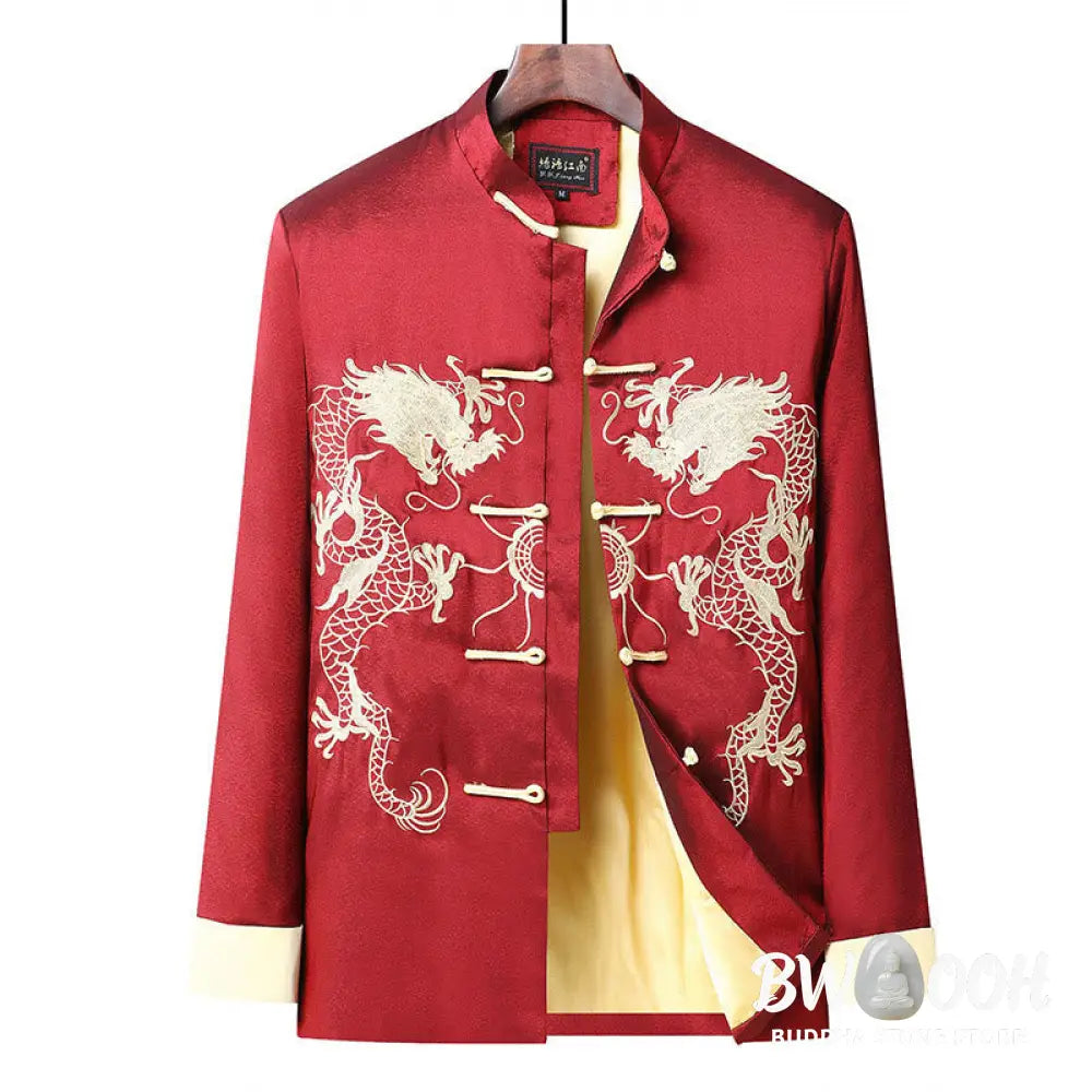 Buddha Stones Embroider Dragon Turned Sleeves Casual Frog-button Polyester Fiber Men’s Jacket Shirt Pants Clothing