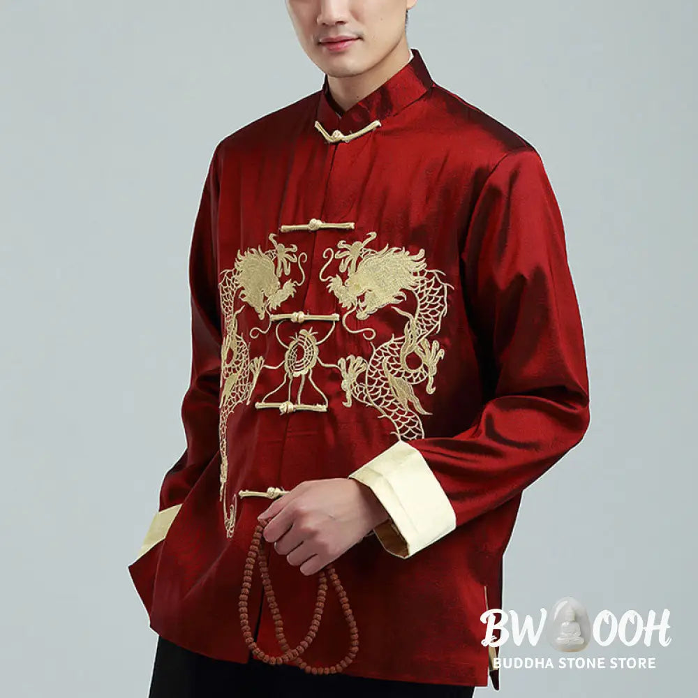 Buddha Stones Embroider Dragon Turned Sleeves Casual Frog-button Polyester Fiber Men’s Jacket Shirt Pants Clothing