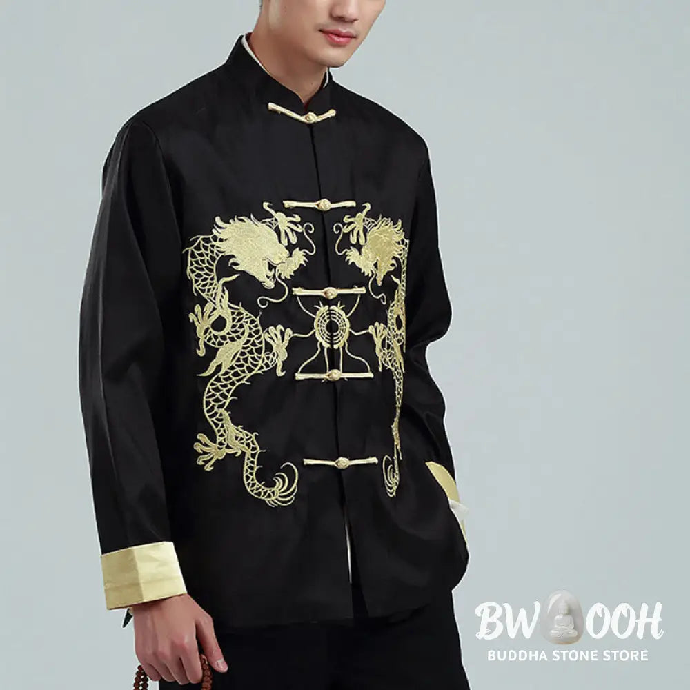 Buddha Stones Embroider Dragon Turned Sleeves Casual Frog-button Polyester Fiber Men’s Jacket Shirt Pants Clothing