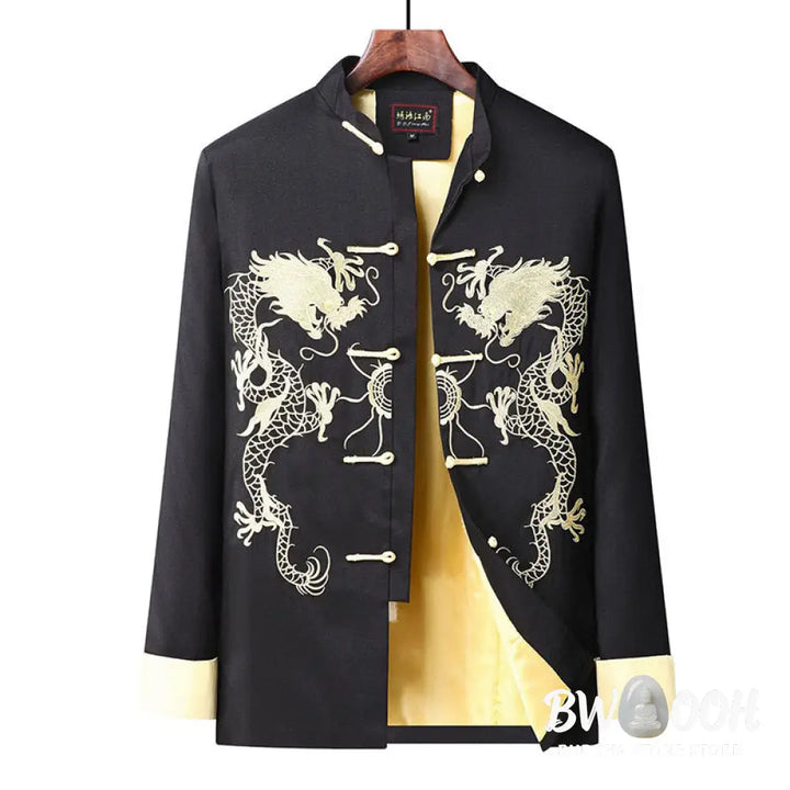 Buddha Stones Embroider Dragon Turned Sleeves Casual Frog-button Polyester Fiber Men’s Jacket Shirt Pants Clothing