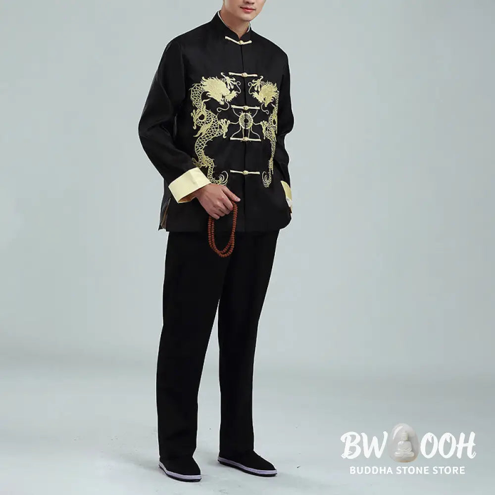 Buddha Stones Embroider Dragon Turned Sleeves Casual Frog-button Polyester Fiber Men’s Jacket Shirt Pants Clothing