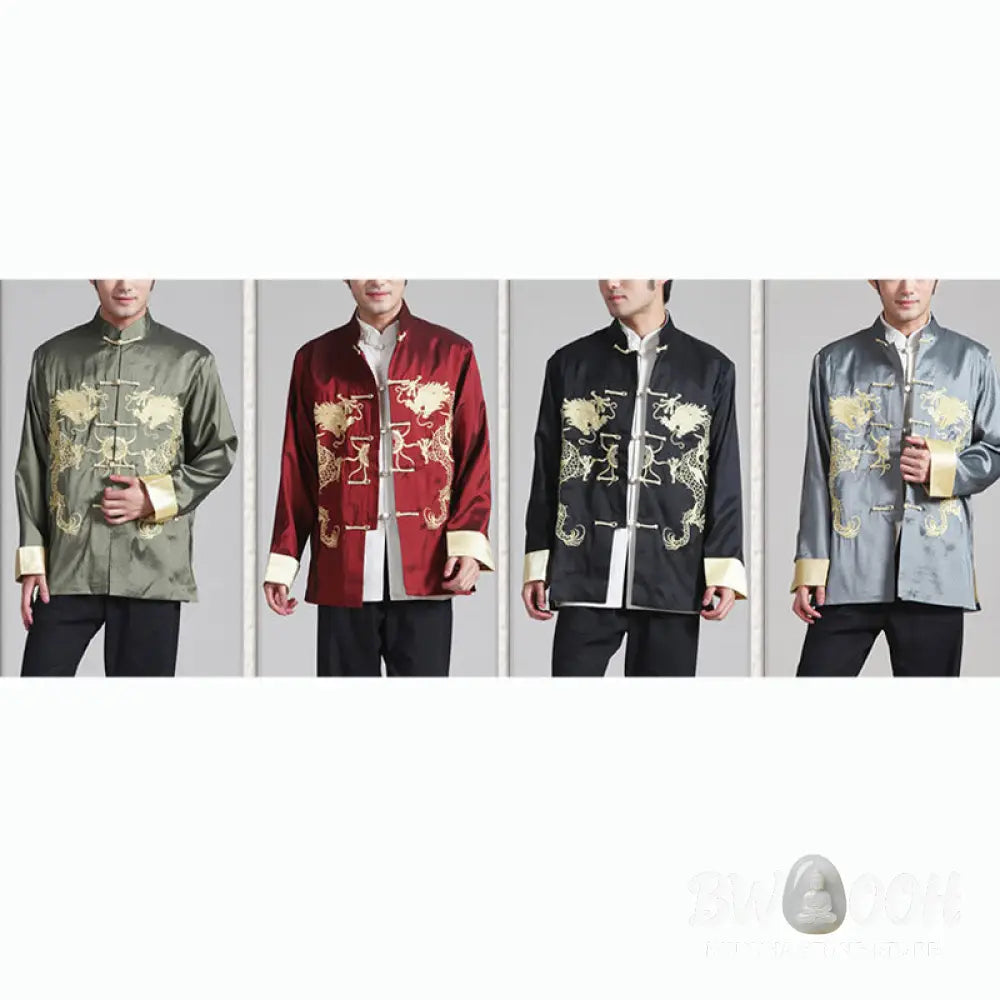 Buddha Stones Embroider Dragon Turned Sleeves Casual Frog-button Polyester Fiber Men’s Jacket Shirt Pants Clothing