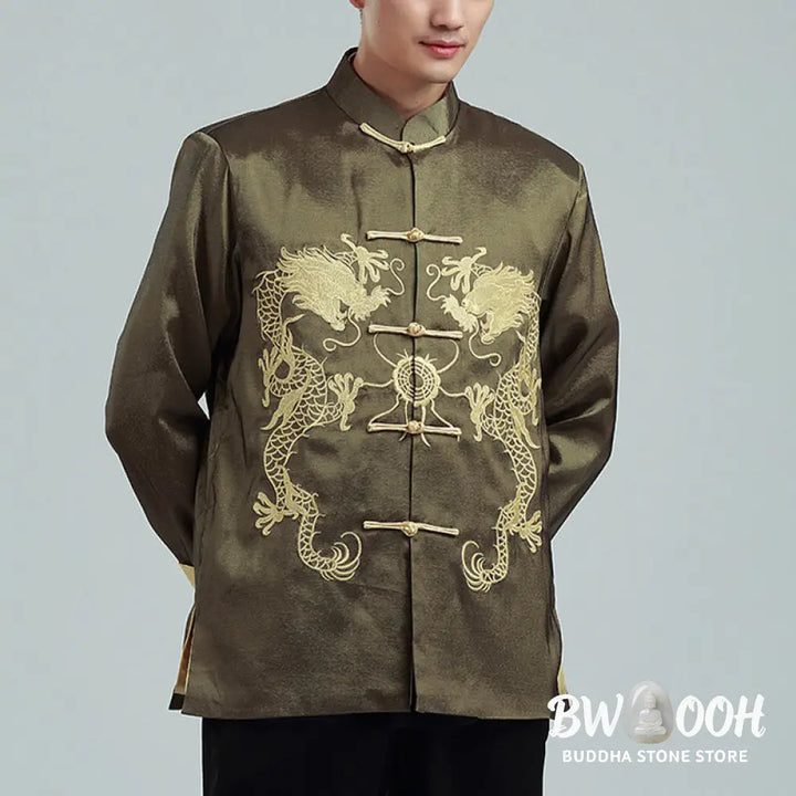 Buddha Stones Embroider Dragon Turned Sleeves Casual Frog-button Polyester Fiber Men’s Jacket Shirt Pants Clothing