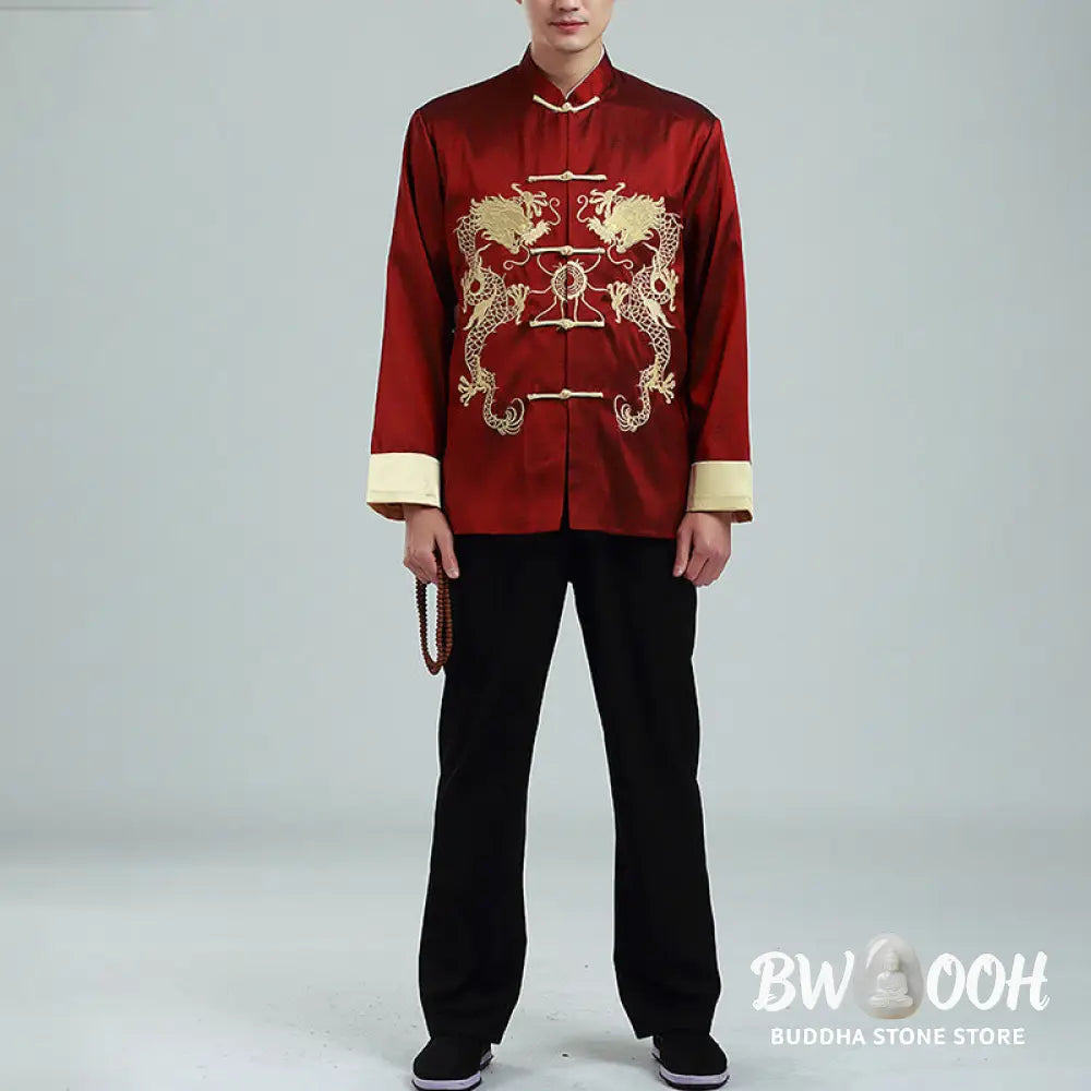 Buddha Stones Embroider Dragon Turned Sleeves Casual Frog-button Polyester Fiber Men’s Jacket Shirt Pants Clothing