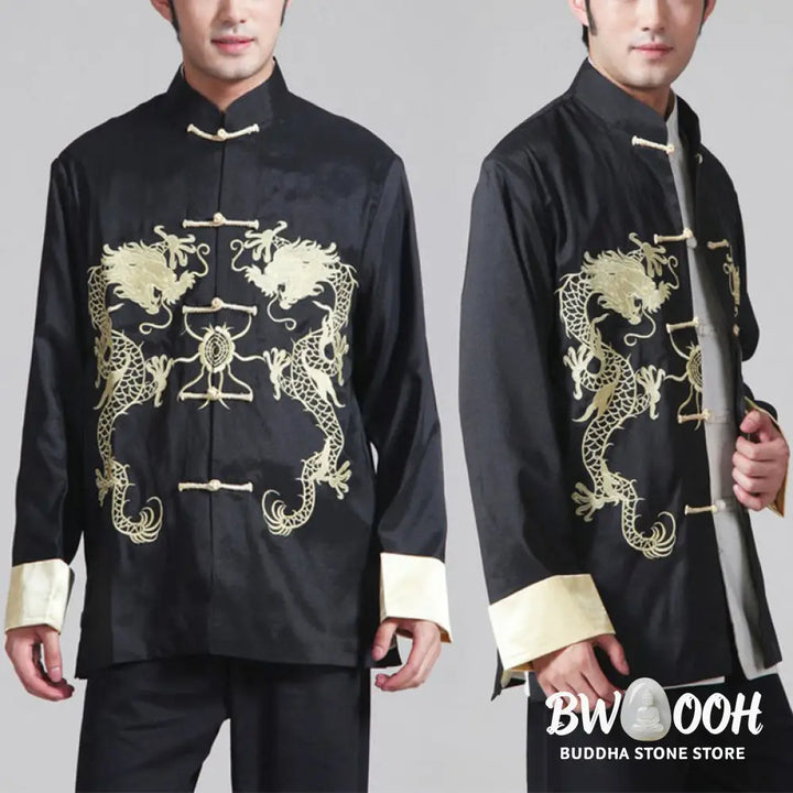 Buddha Stones Embroider Dragon Turned Sleeves Casual Frog-button Polyester Fiber Men’s Jacket Shirt Pants Clothing