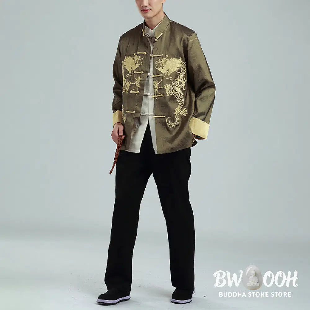 Buddha Stones Embroider Dragon Turned Sleeves Casual Frog-button Polyester Fiber Men’s Jacket Shirt Pants Clothing