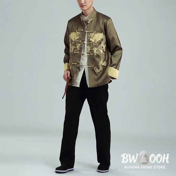 Buddha Stones Embroider Dragon Turned Sleeves Casual Frog-button Polyester Fiber Men’s Jacket Shirt Pants Clothing