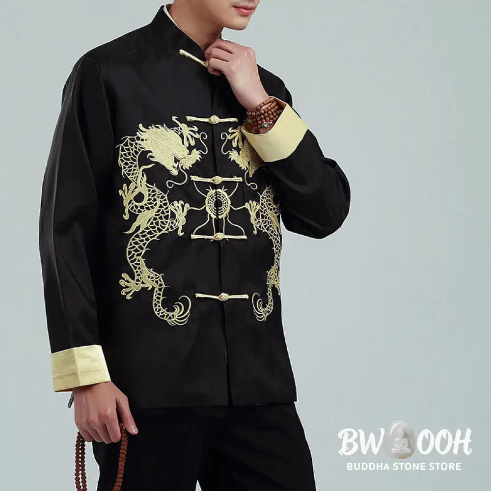 Buddha Stones Embroider Dragon Turned Sleeves Casual Frog-button Polyester Fiber Men’s Jacket Shirt Pants Clothing