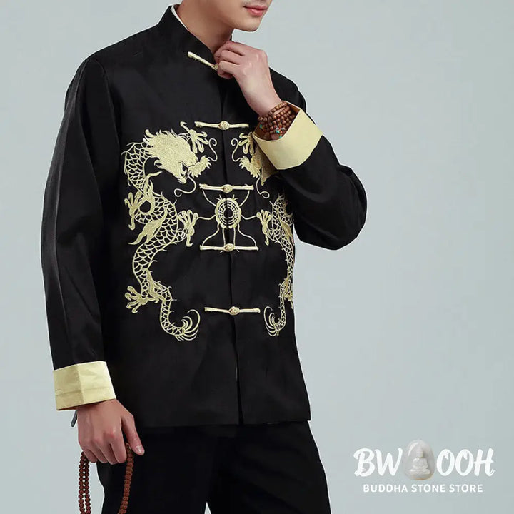 Buddha Stones Embroider Dragon Turned Sleeves Casual Frog-button Polyester Fiber Men’s Jacket Shirt Pants Clothing