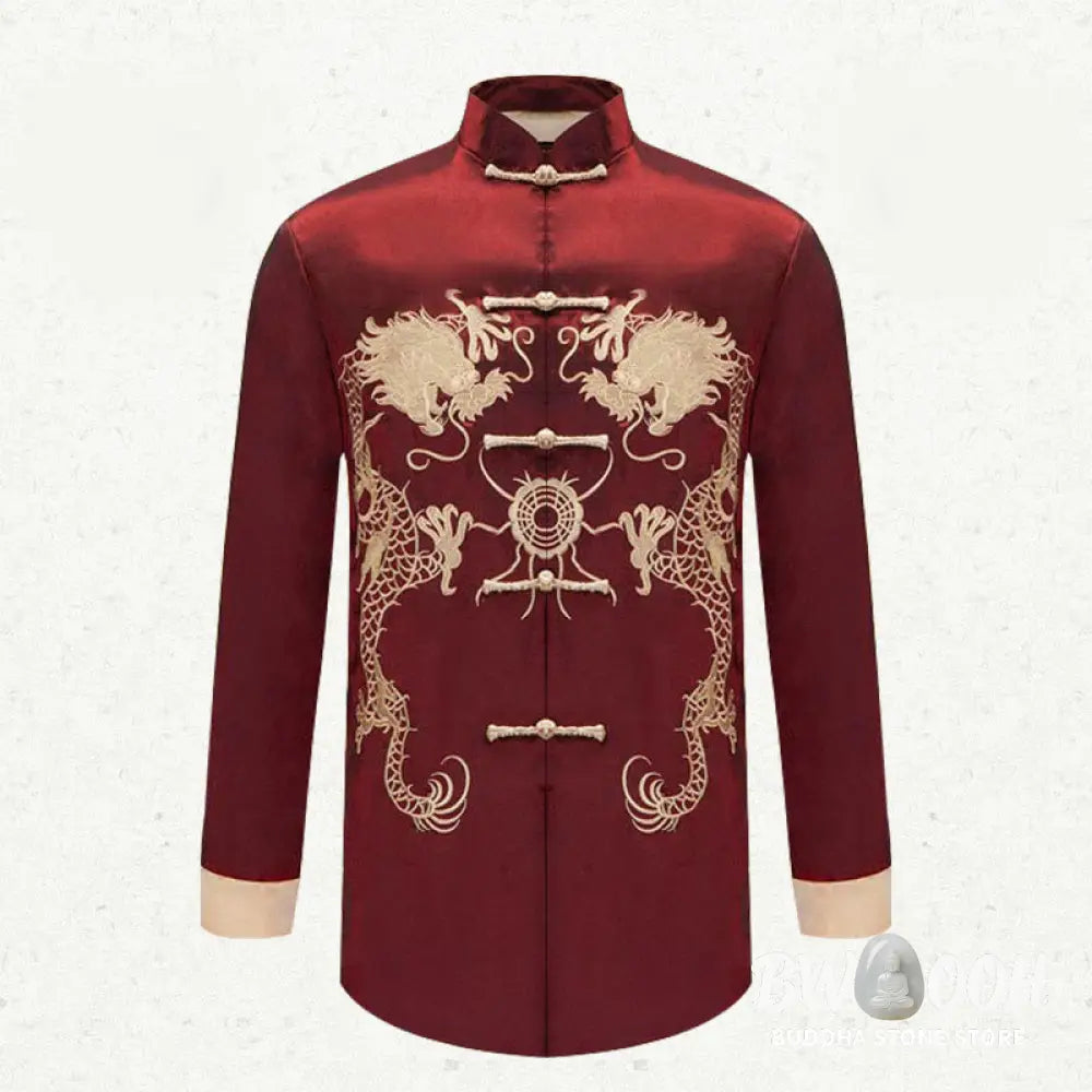 Buddha Stones Embroider Dragon Turned Sleeves Casual Frog-button Polyester Fiber Men’s Jacket Shirt Pants Clothing