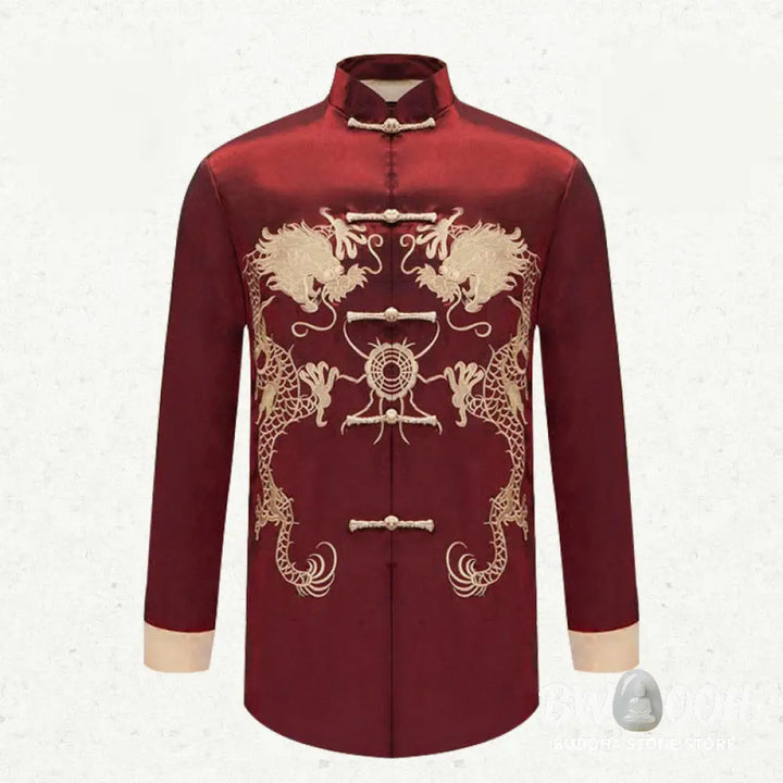 Buddha Stones Embroider Dragon Turned Sleeves Casual Frog-button Polyester Fiber Men’s Jacket Shirt Pants Clothing