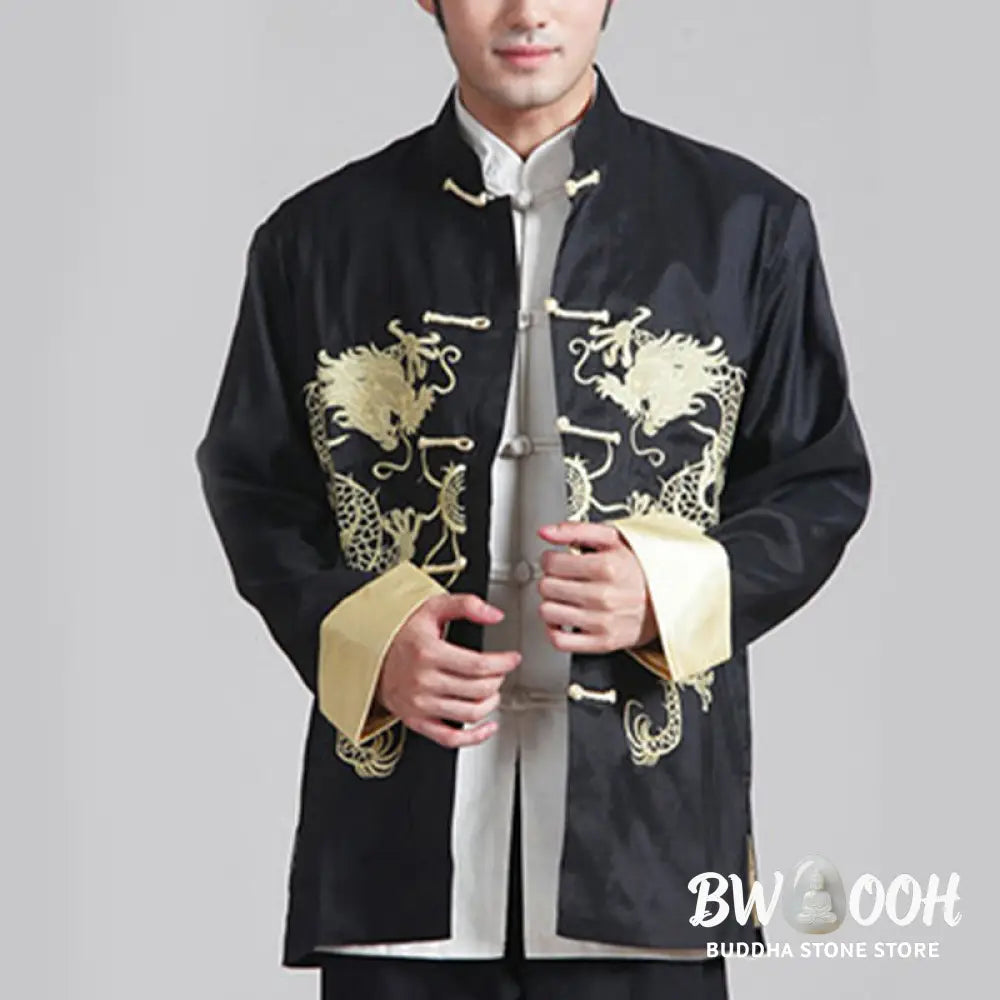 Buddha Stones Embroider Dragon Turned Sleeves Casual Frog-button Polyester Fiber Men’s Jacket Shirt Pants Clothing