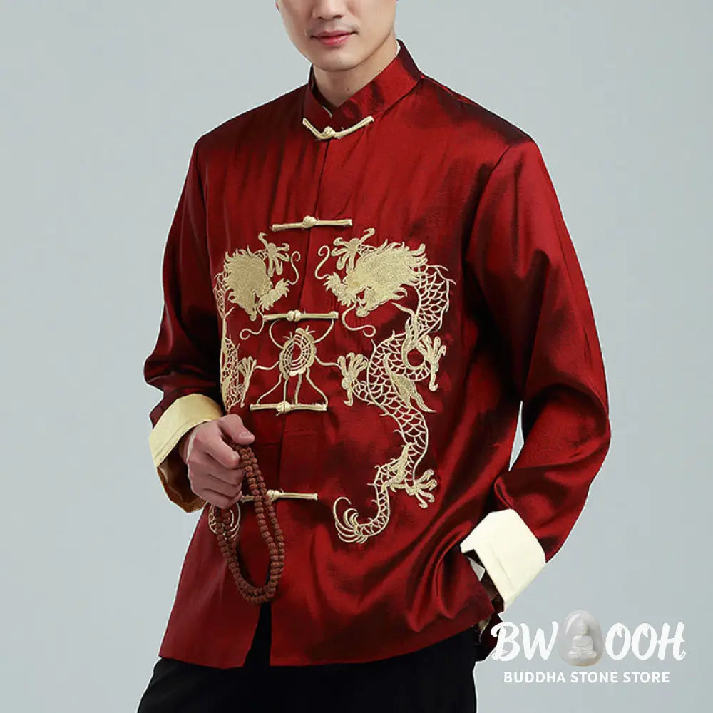 Buddha Stones Embroider Dragon Turned Sleeves Casual Frog-button Polyester Fiber Men’s Jacket Shirt Pants Clothing
