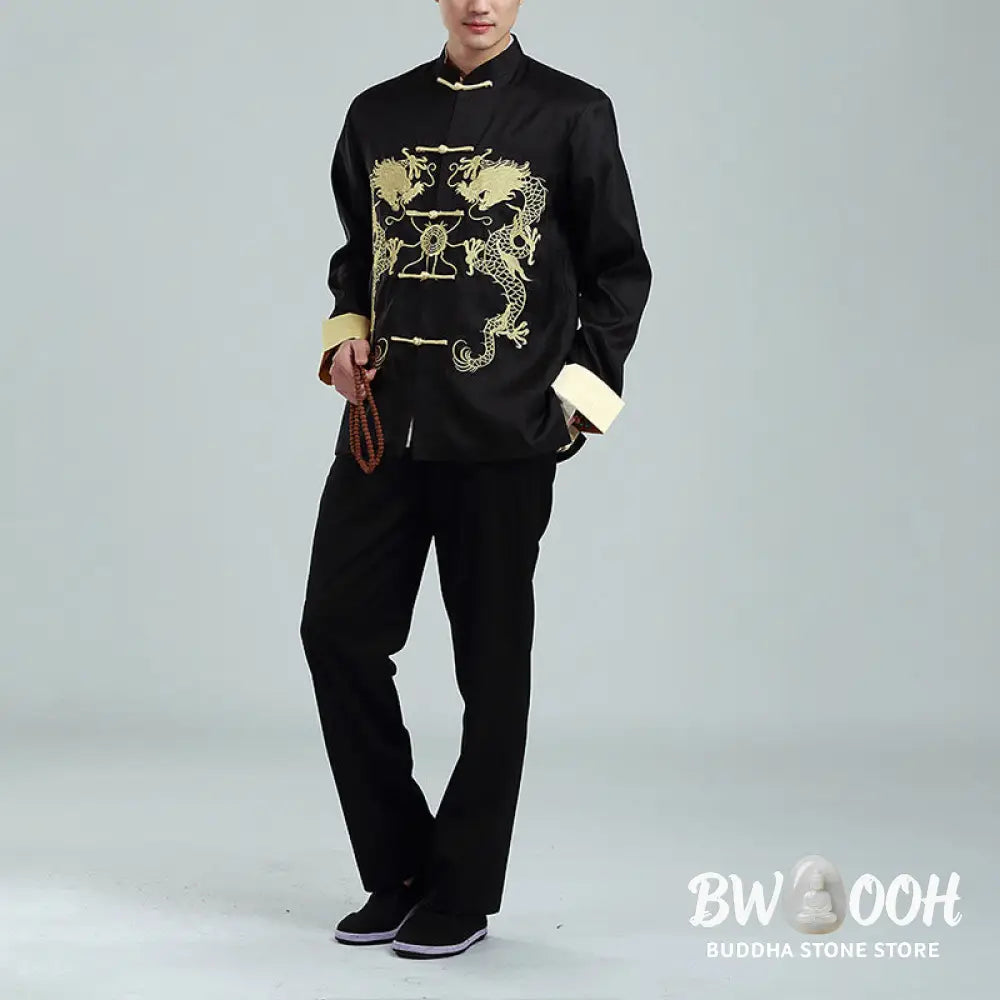 Buddha Stones Embroider Dragon Turned Sleeves Casual Frog-button Polyester Fiber Men’s Jacket Shirt Pants Clothing