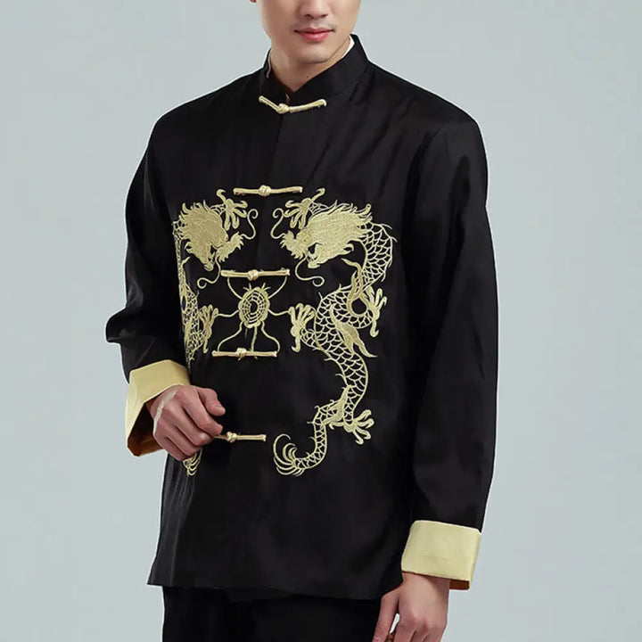 Buddha Stones Embroider Dragon Turned Sleeves Casual Frog-button Polyester Fiber Men’s Jacket Shirt Pants Clothing