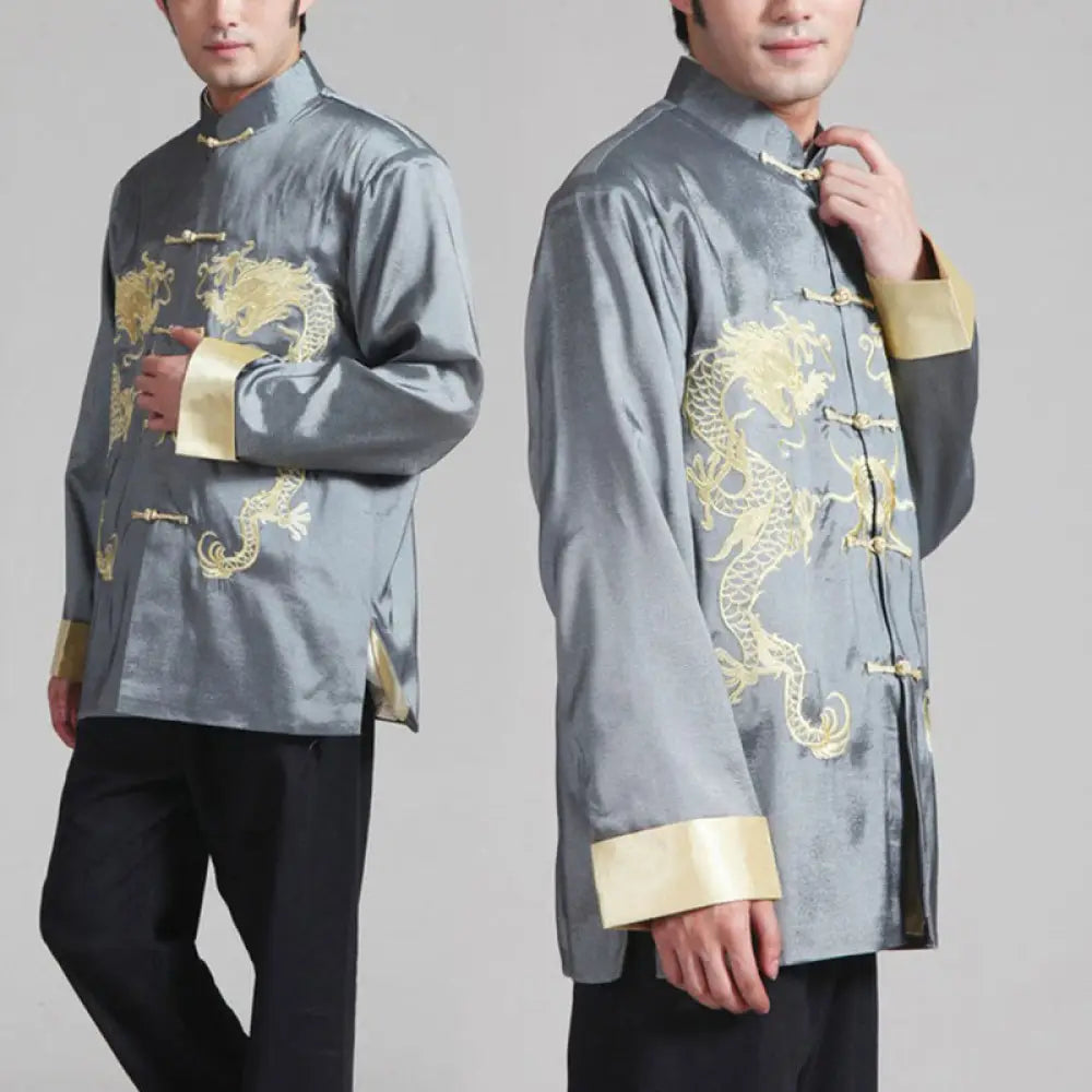 Buddha Stones Embroider Dragon Turned Sleeves Casual Frog-button Polyester Fiber Men’s Jacket Shirt Pants Clothing