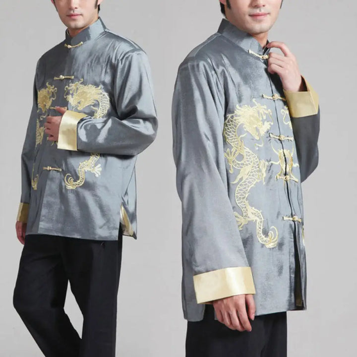Buddha Stones Embroider Dragon Turned Sleeves Casual Frog-button Polyester Fiber Men’s Jacket Shirt Pants Clothing